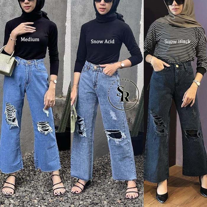 Highwaist Kulot Jeans wanita Rawis Sobek-LABELA RIPPED FURING JEANS CULLOTE-SAERAH FASHION