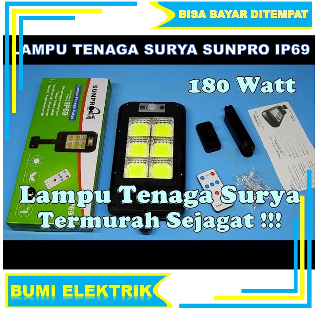 Lampu Tenaga Surya Outdoor Sunpro IP69 180 Watt - Lampu Jalan Pagar &amp; Taman - Bohlam Led Solar Cell Bisa COD