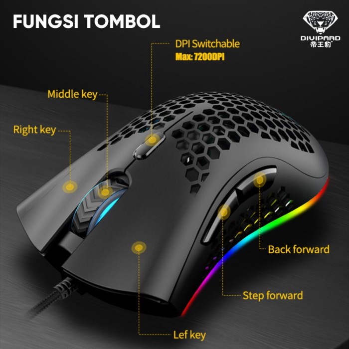 Mouse Gaming Honey Comb Divipard G905 RGB Effects 7200DPI Macro