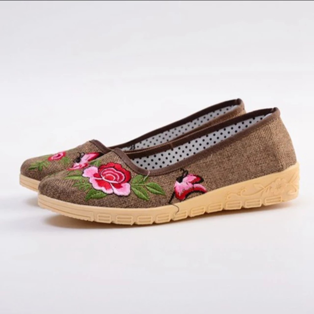 NAIRAI- SEPATU WANITA SLIP ON FLOWERS PRINTING MURAH - COKLAT ABU TUA DAN ABU MUDA