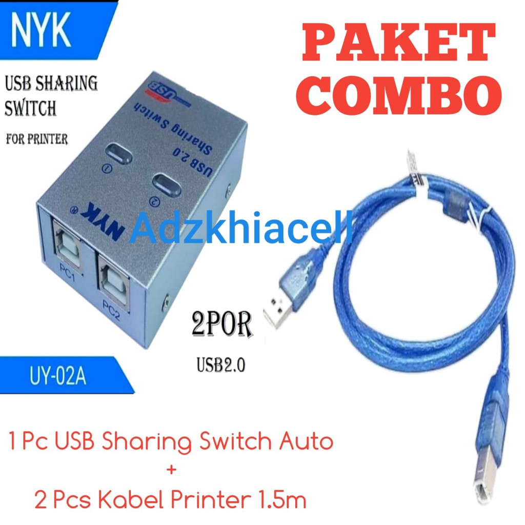 (PROMO HEMAT ) AUTO SWITCH PRINTER 2PORT + KABEL USB PRINTER 2.0 NYK murah (pararel printer)