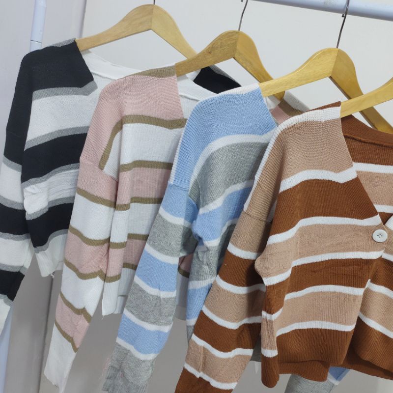 【IMPORT PREMIUM】leher v-neck Stripe Knit Cardigan Lengan Panjang Korean Style Import BKK kardigan oter cewek rajut-7