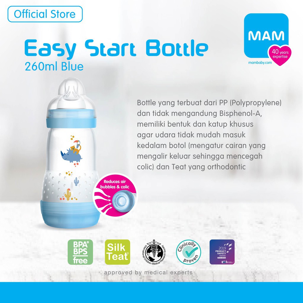 MAM ANTI COLIC MILK BOTTLE 160ML/260ML BLUE BOTOL SUSU AMAN TAHAN PANAS (DIJAMIN 100% ORI)