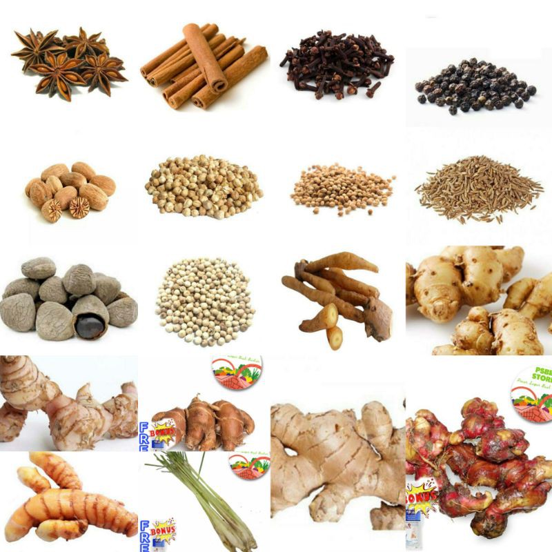 

Kunyit/jahe gajah/jahe emprit merah/kencur/laos/merica/lada/kemiri/cengkeh/jinten/adas bubuk/ketumbar/tumbar/Kunir/kunyit/bunga lawang/star anise/kayu manis pack