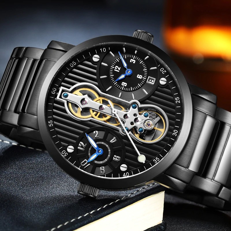 Jam tangan mekanik keren GUANQIN Automatic Tourbillon watches  men Skeleton  mechanical waterproof