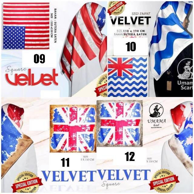 Segiempat Velvet Premium Bendera England America Australia Scarf Jilbab Hijab Inggris Amerika
