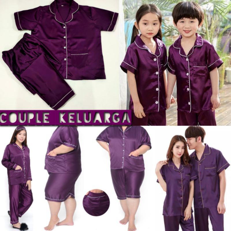 Piyama Satin Polos Couple ungu terong / eggplant / violet setelan