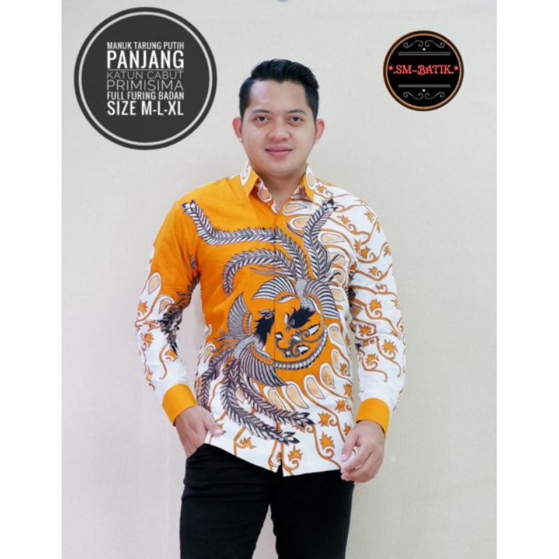 Kemeja Batik PREMIUM TERBARU Warna Kuning Putih Batik Lengan Panjang Bahan Katun MANUK TARUNG PUTIH