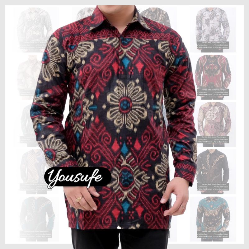 Batik Pria Lengan Panjang Modern Red Merah Motif Tenun Shopee Indonesia COD Seragam Katun Halus