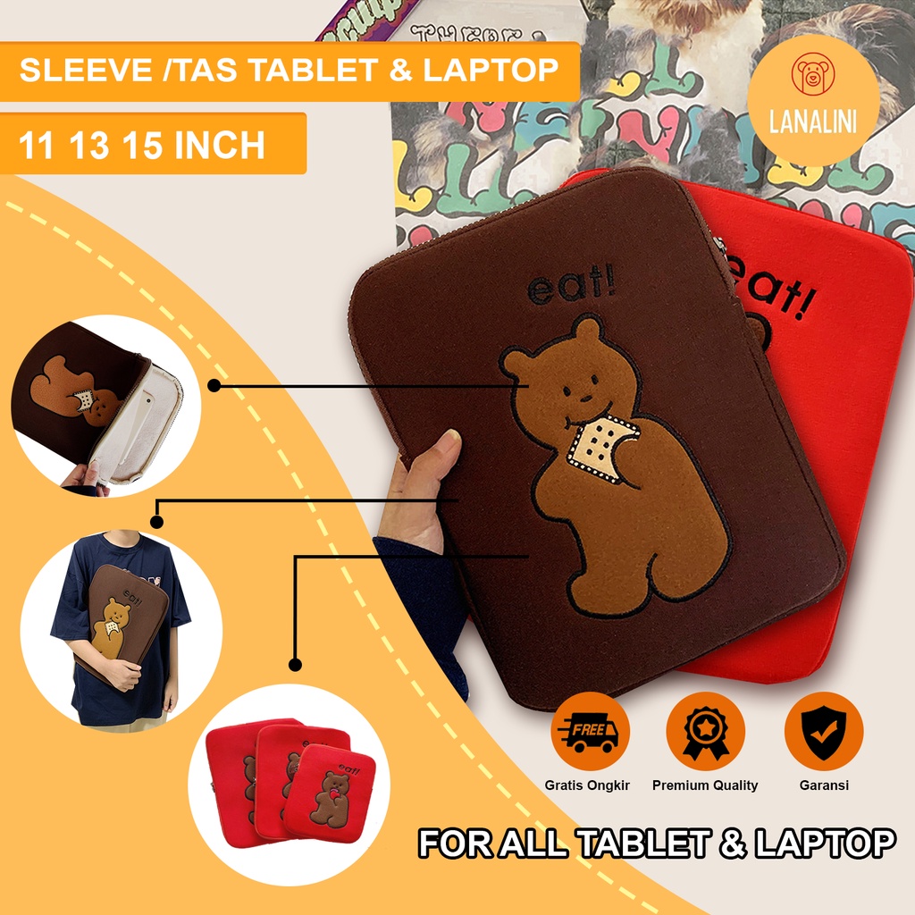 Sleeve Pouch Sarung Tas Bag Case Ipad Tab Tablet Macbook Air Pro Laptop Asus Acer Lenovo HP Huawei 11 12 13 14 15 inch Motif Gambar Beruang Bear Warna Coklat Merah Lucu Cute Murah Korean Model