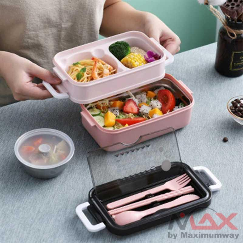 Kotak bekal makan lengkap sendok garpu mangkuk sup anti tumpah sumpit holder HP Kotak Makan Lunch box Bento Box Double Layer Soup Bowl Kotak Makan Lunch Bento Box Double Layer Soup Bowl bekal makan kantoran dan anak sekolah bawa makanan piknik