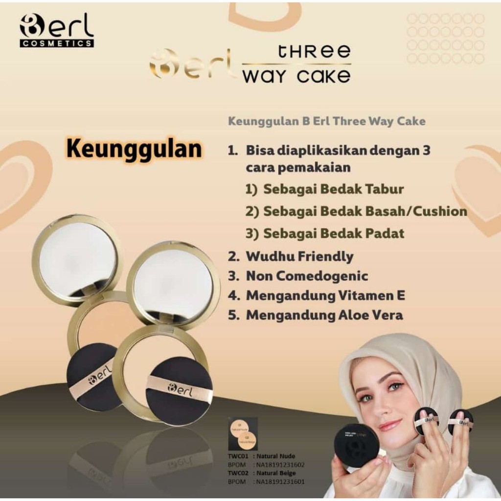 B Erl TWC Three Way Cake Bedak Padat Cushion Loose Powder Tabur with Biogenic Vita C-300 Tabir Surya