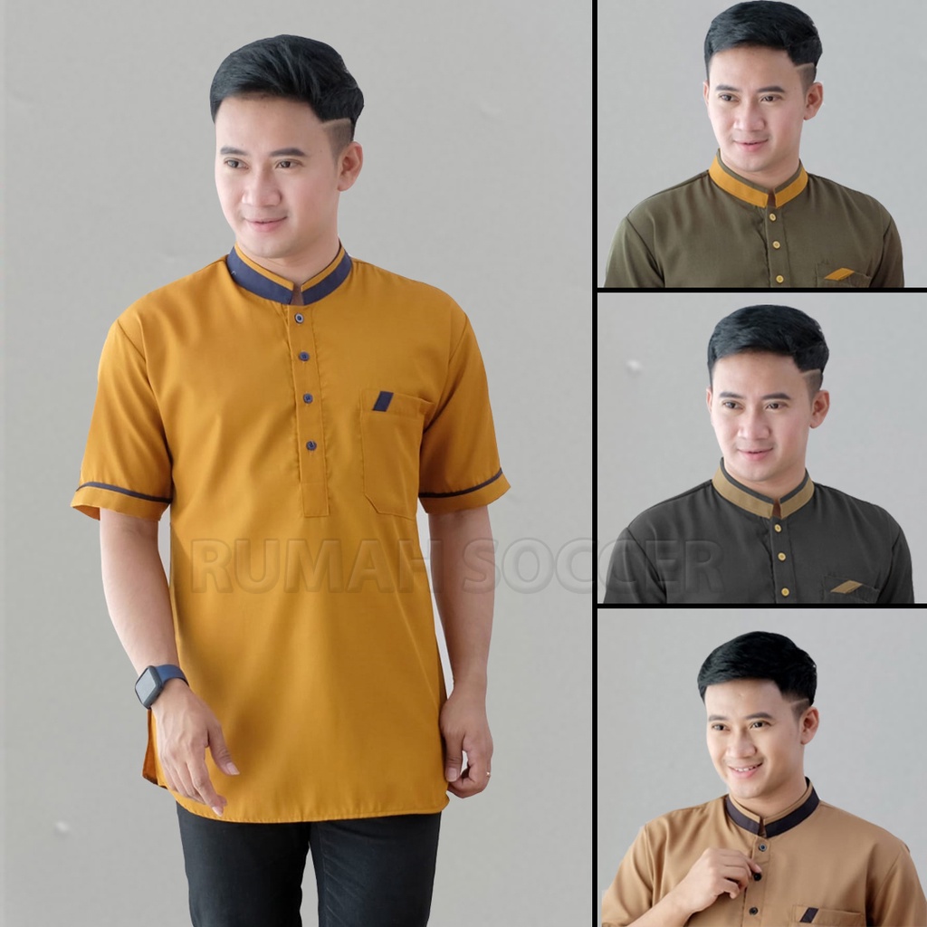 Baju Koko Pria FATHAN Lengan Pendek Atasan Muslim Pria Dewasa Polos Tersedia Ukuran S M L XL XXL