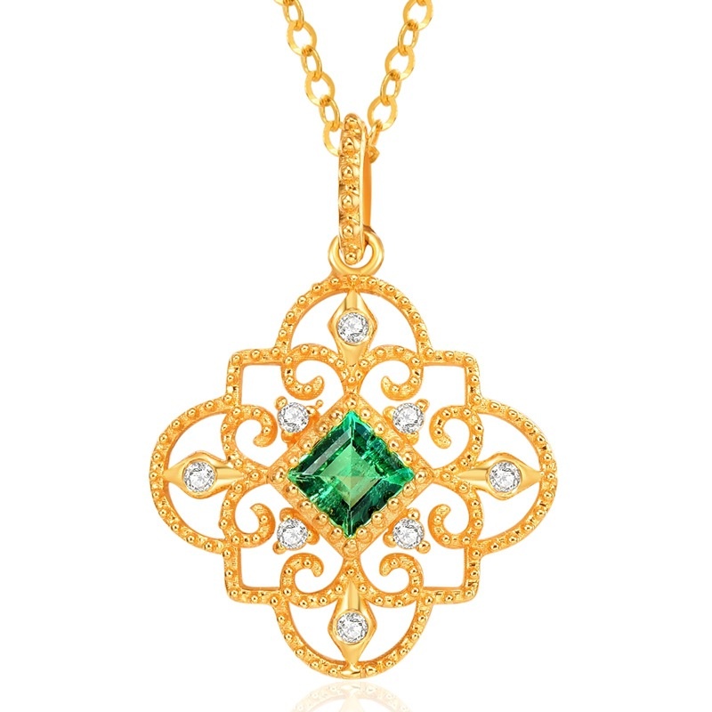 [Ready Stock]Fashion Gold-Plated Diamond Flower Emerald Pendant Necklace