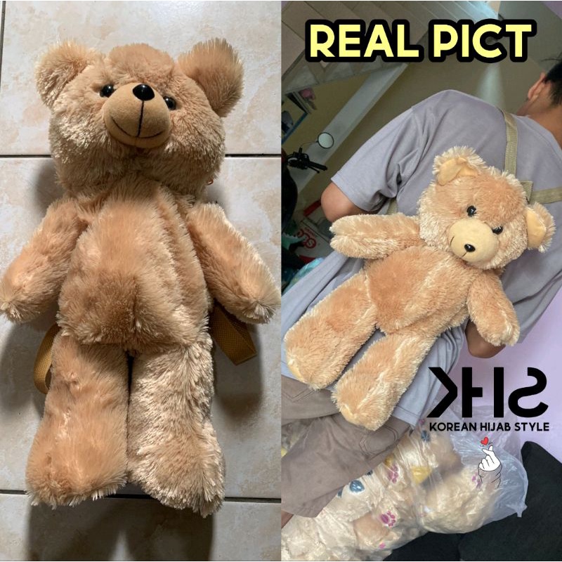KHS Tas Ransel Boneka Beruang Teddy Bear Bulu Lucu Imut Gemoy Wanita Baru Mewah Kasual Tas Karakter Kartun Anak Remaja Cewek Viral Model Import Korea-3