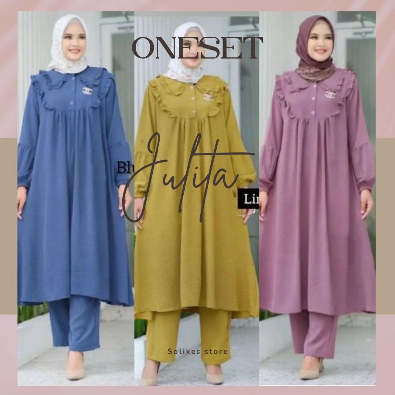 ONESET JULITA  SETCEL WANITA TERBARU KEKINIAN LONG TUNIK /STELAN MUSLIM/ CRINKLE AIRFLOW LONG TUNIK 