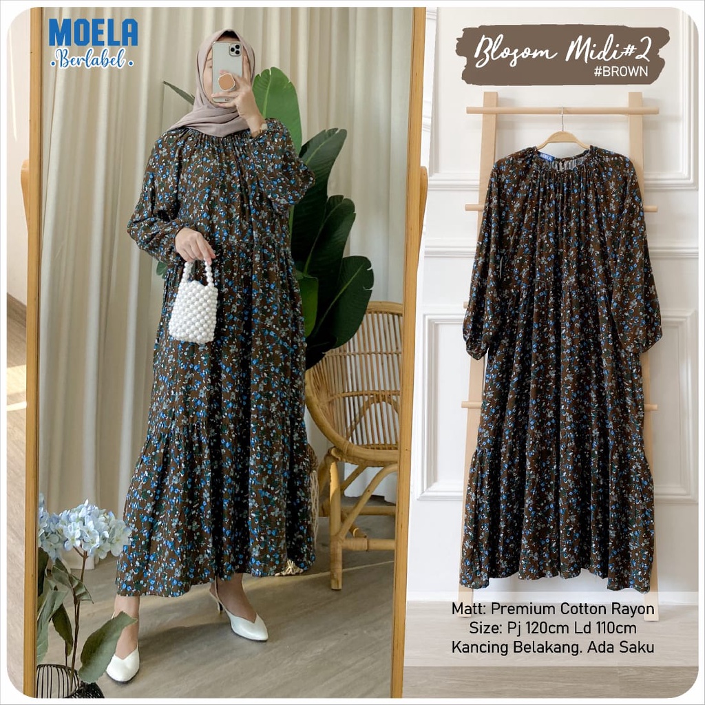 TERMURAH BLOSSOM MIDI DRESS BY MOELA BERLABEL/MIDI DRESS MOTIF BUNGA KECIL/DRESS REMPEL SUSUN LENGAN