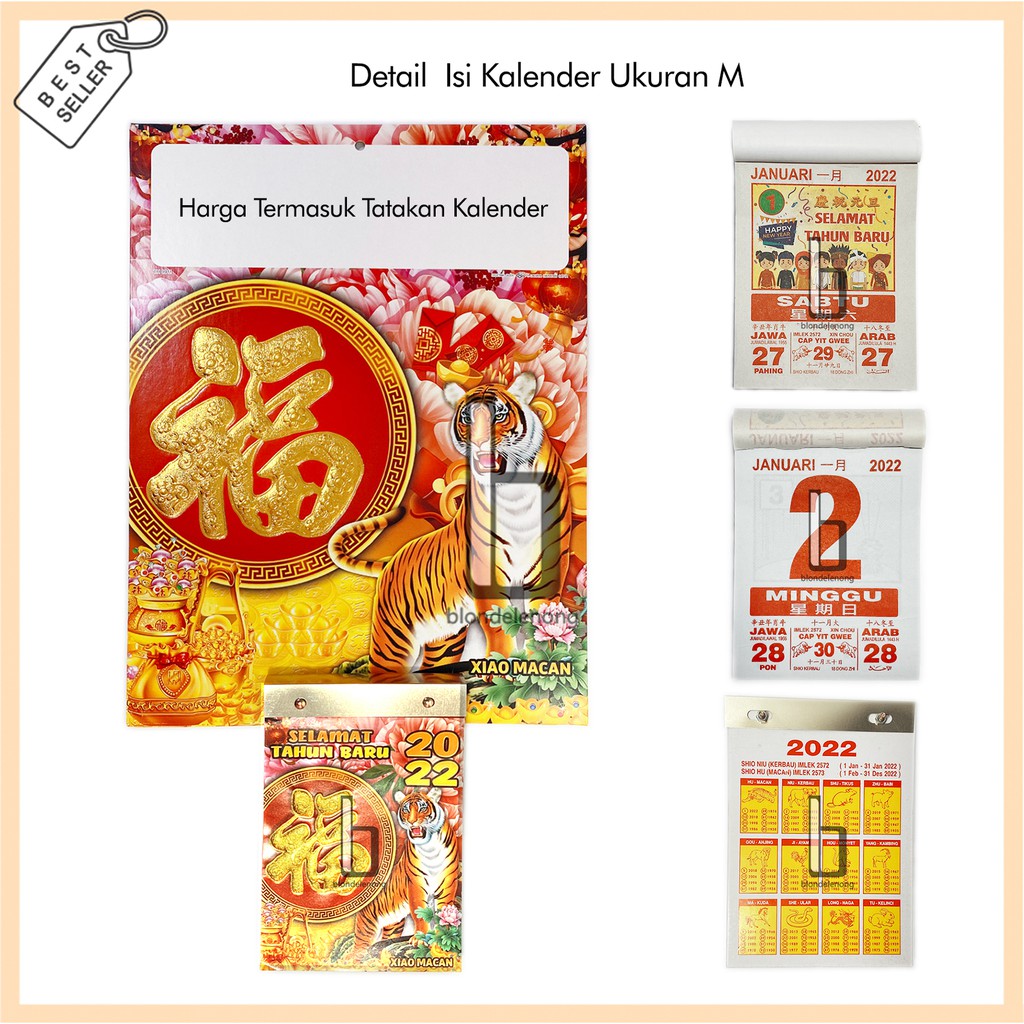 Kalender Tatakan Imlek Harian Dinding Sobek Tahun Baru China Cina 2022 Shio Macan Fu Hoki Hook 1 Set
