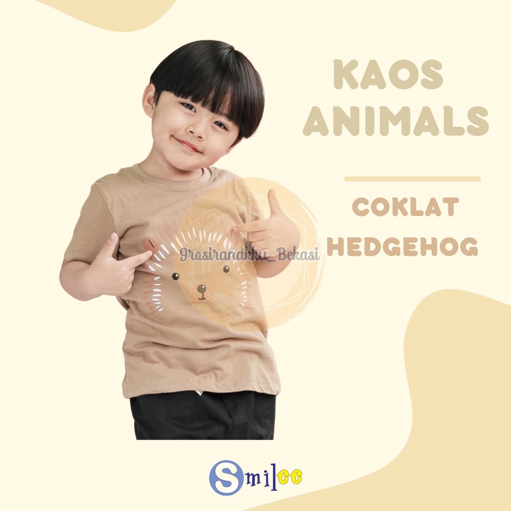 Kaos Anak Cowok Smilee Murah Animal Coklat Hedgehog Size 1-5Thn