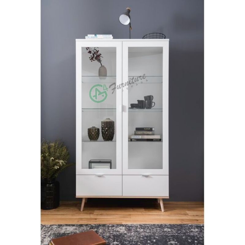 Lemari Hias Kaca Minimalis Cawn Putih - Kayu Mahoni