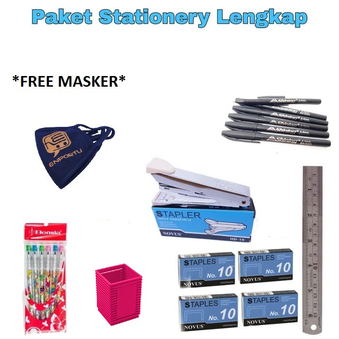 

tulis-alat-paket- paket stationery lengkap - pulpen staples ruler free masker -paket-alat-tulis.