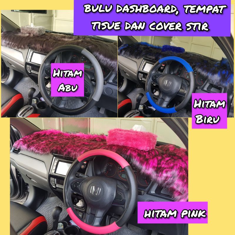 paket bulu dashboard, tempat tisue dan cover stir mobil merah hitam biru pink putih