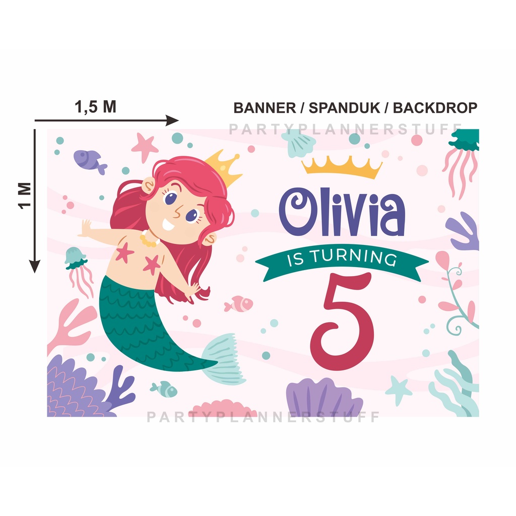 Banner backdrop spanduk ulang tahun anak cewek tema mermaid under the sea / ariel disney mermaid / c