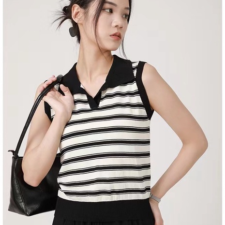 【Elegant】Striped Sleeveless Turn-down Collar Vest 7492