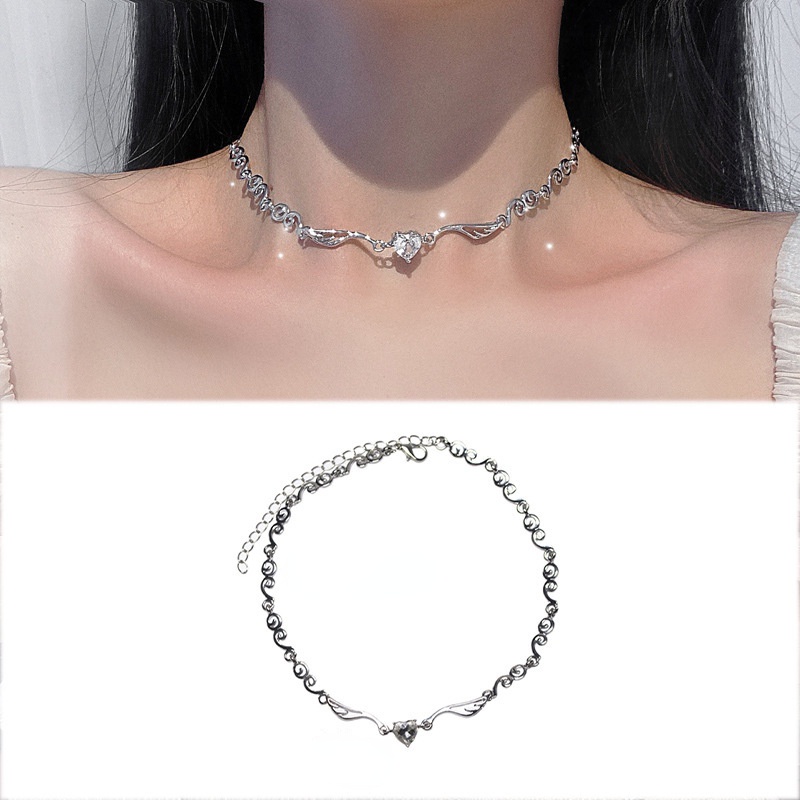 Kalung Choker Bahan Alloy Bentuk Sayap Hati Aksen Berlian Imitasi Untuk Wanita