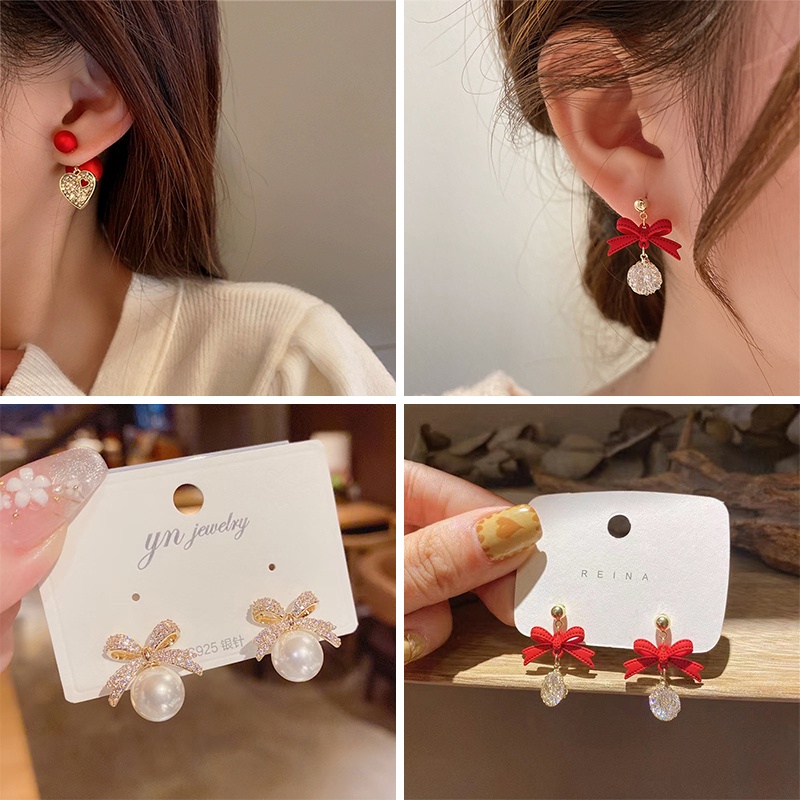 Anting Stud 925 Silver Needle Bentuk Kupu-Kupu Aksen Mutiara Bahan Zirkon Warna Hitam Untuk Wanita