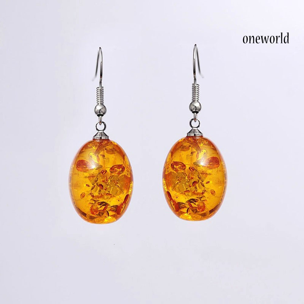 OW@ Vintage Oval Shaped Faux Amber Dangle Hook Earrings Women Piercing Jewelry Gift