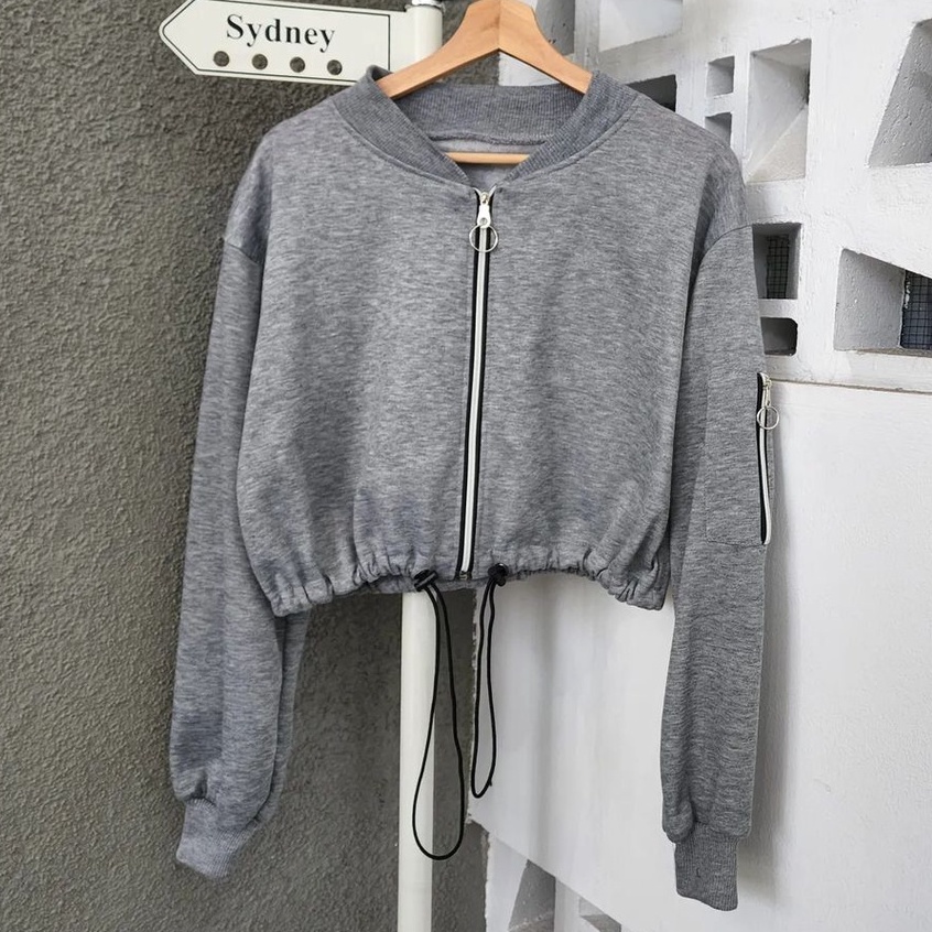 Jaket Crop Zipper Wanita Milky Croope Bahan Pleece Korean Style