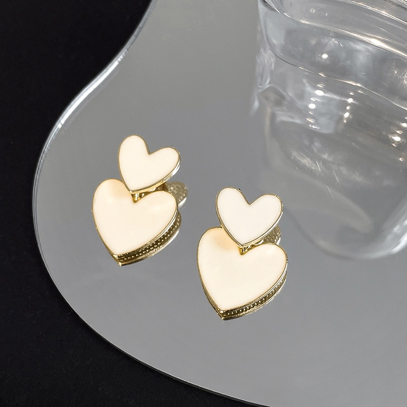 Korean Version of Milky White Double Love Earrings for Girls  Simple and Sweet Earrings  Women's Fashion Jewelry Accessories
