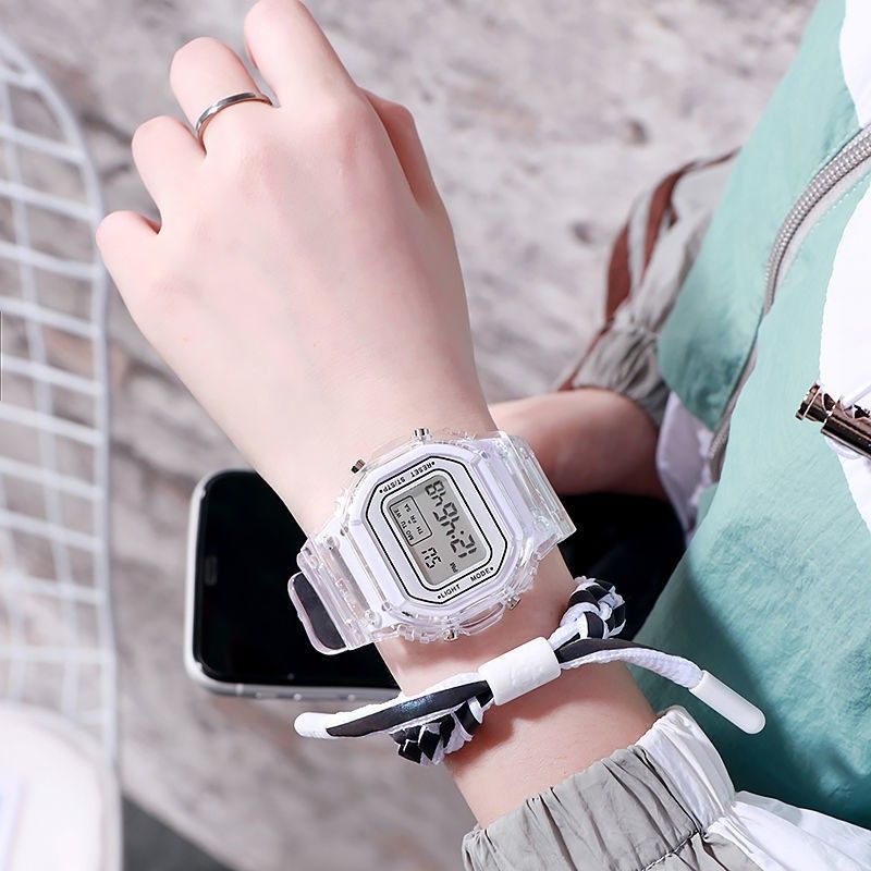 [BISA COD✓] Jam Tangan Couple Wanita Pria Digital Transparan Square Dial Couples Watch Import Fashion Korea Style Sport Strap Rubber Led Digital Terlaris