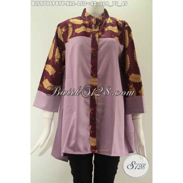 Jual Blouse Batik Wanita Masa Kini Size XL, Model Krah Shanghai Kombinasi Kain Polos BLS 9796 PBTY