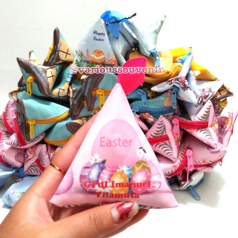 Souvenir Paskah Dompet Segitiga Wadah Telur Paskah Happy Easter Custom Nama Gereja Minim 25pcs Lucu