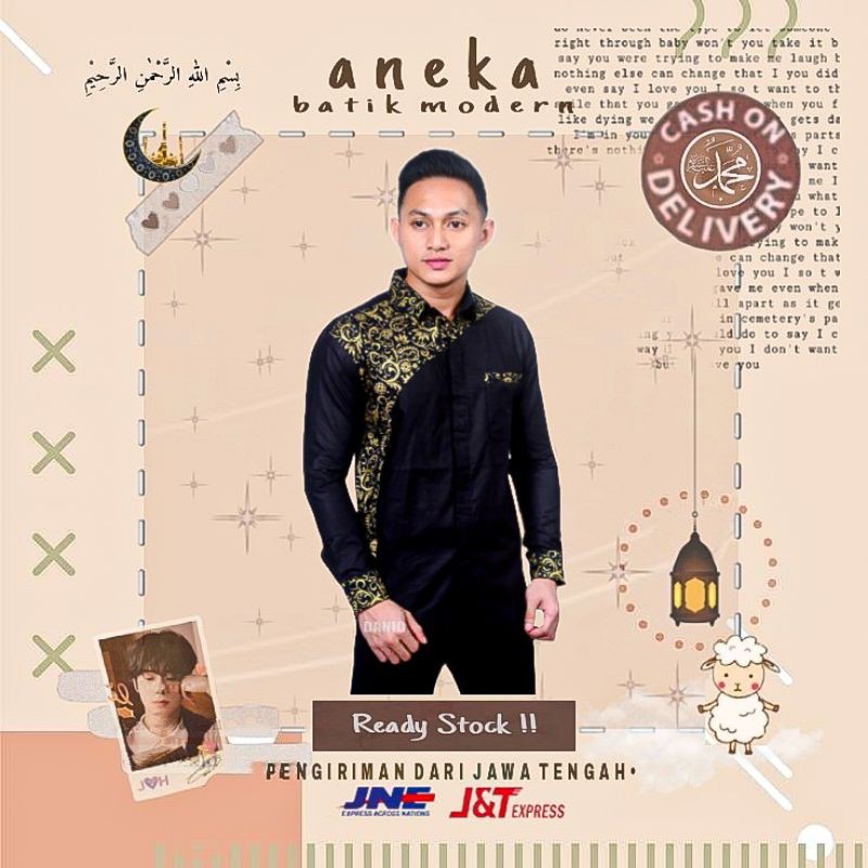 BAJU KOKO PRIA COWOK MUSLIM LENGAN PANJANG KOMBINASI BATIK WARNA HITAM MERAH BIRU ABU LEBARAN KANTOR