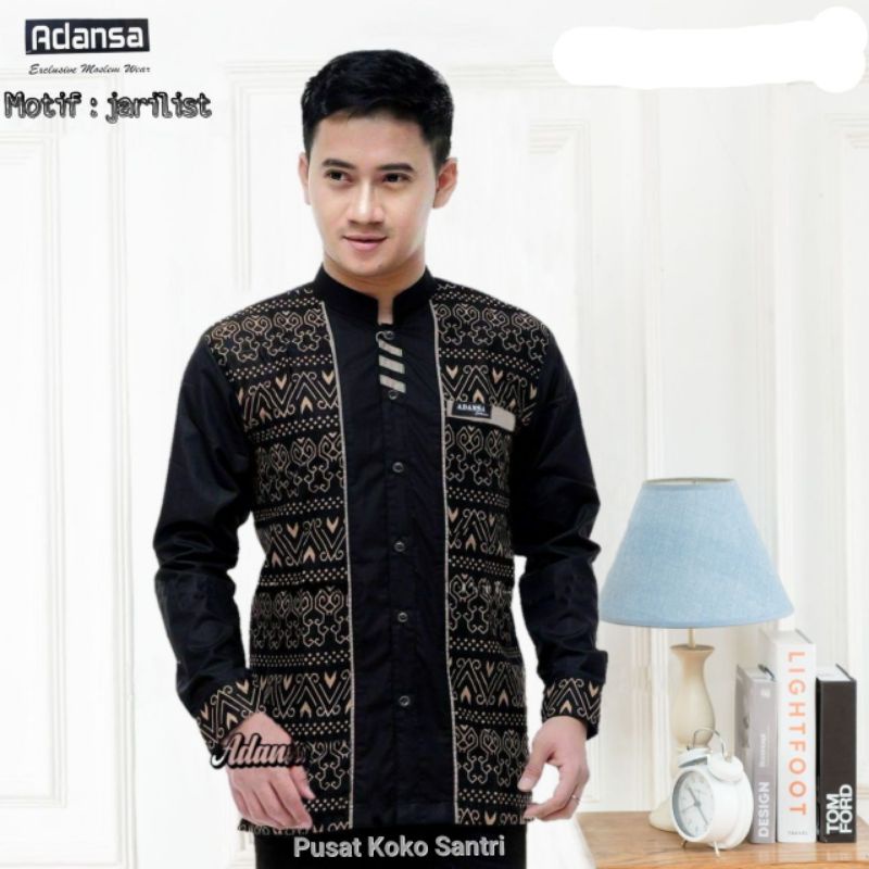 Baju Koko Pria Lengan Panjang Kombinasi Batik Motif Jarlist Koko Terbaru Warna Hitam