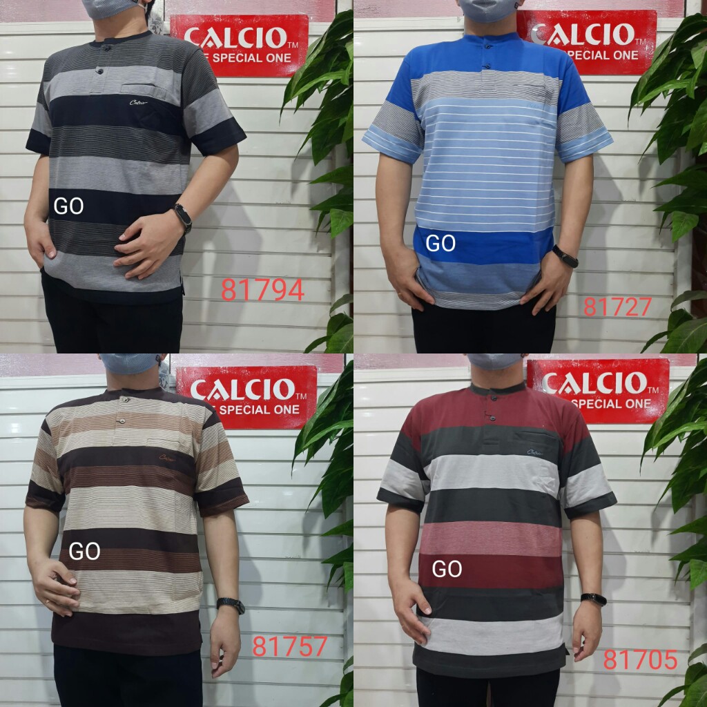 gof M CALCIO OBLONG KANCING Kaos Pria Laki-Laki Oblong Garis-Garis Lengan Pendek Saku Salur