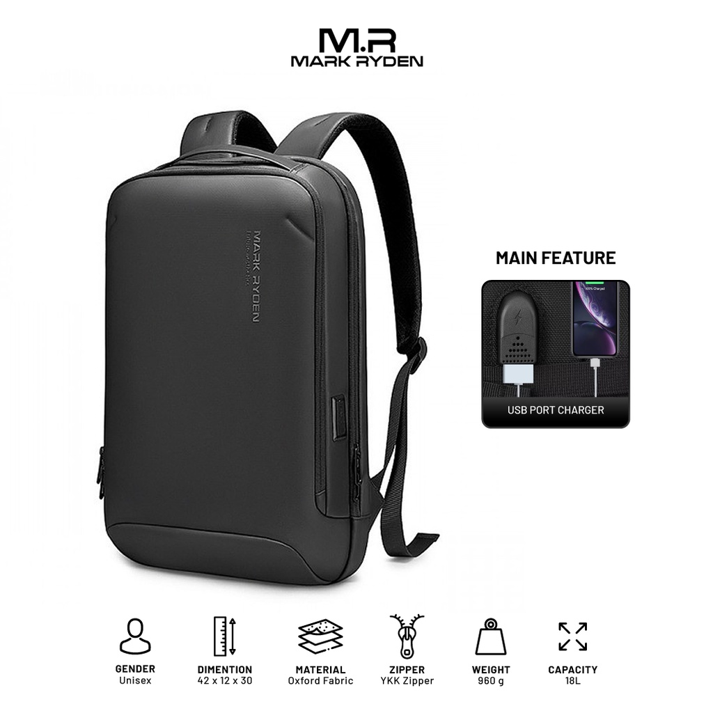 Mark Ryden MR9008 Backpack Bag USB - Tas Ransel Laptop 15.6" - BLACK