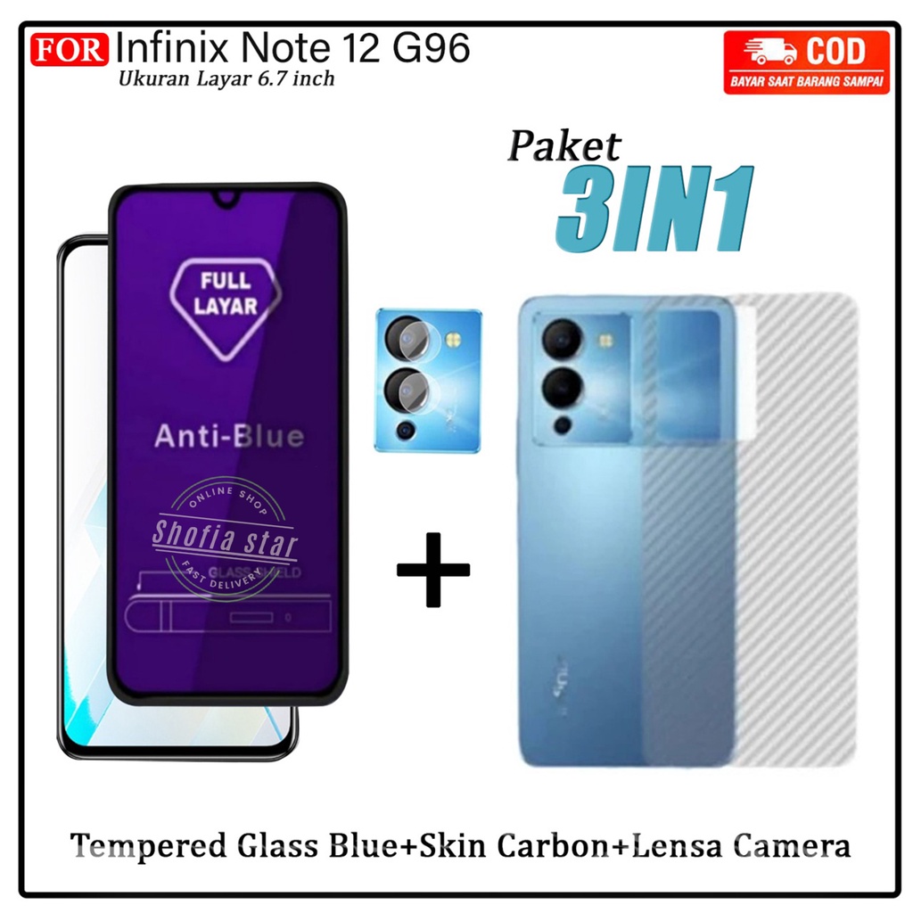 3IN1 TEMPERED GLASS BLUE LIGHT INFINIX NOTE 12 G96 NOTE 12 VIP NOTE 12 NOTE 12i 2022 TG LAYAR ANTI RADIASI KACA FULL COVER