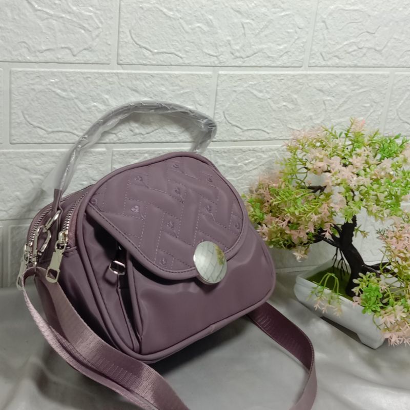 Kasmag Tas wanita slempang 3 ruang Nilon super bordir Sling bag Korea