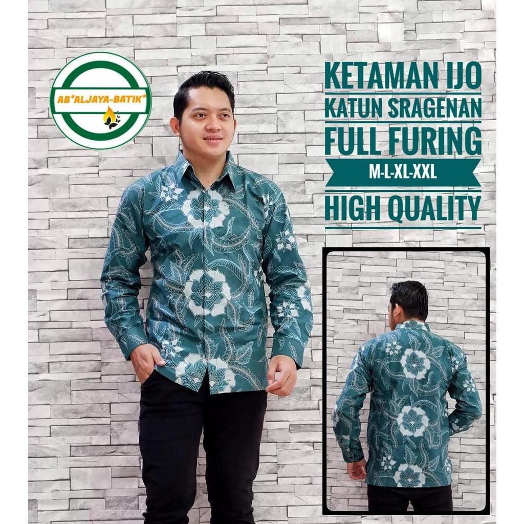 Batik Pria Lengan Panjang Terbaru Kemeja Batik Warna Hijau Exclusive Baju Batik Lapis Furing KETAMAN