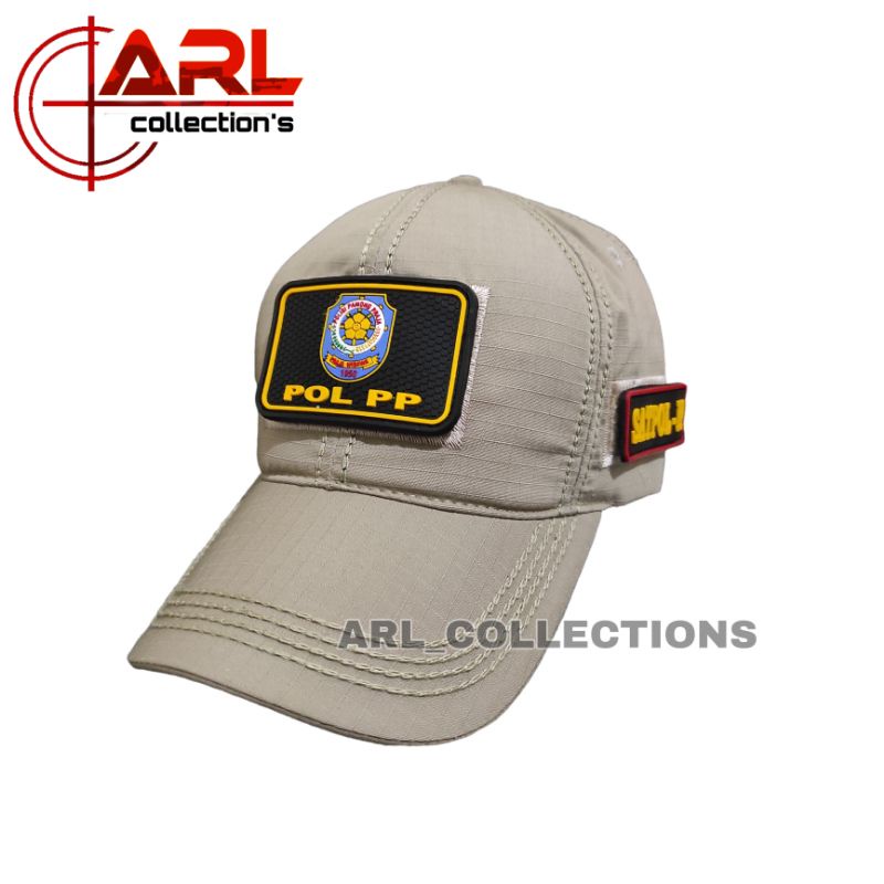 topi pol pp cream - topi satpol pp plus tiga logo patch rubber - topi bdu pol pp cream