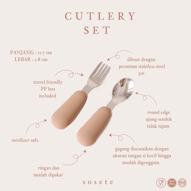 Little Sosete - Premium Cutlery Stainless Steel SET | 1 Set 2 PCS *peralatan makan bayi *bibs bayi *sendok garpu bayi *mangkok bayi *peralatan makan bayi *mpasi bayi-1
