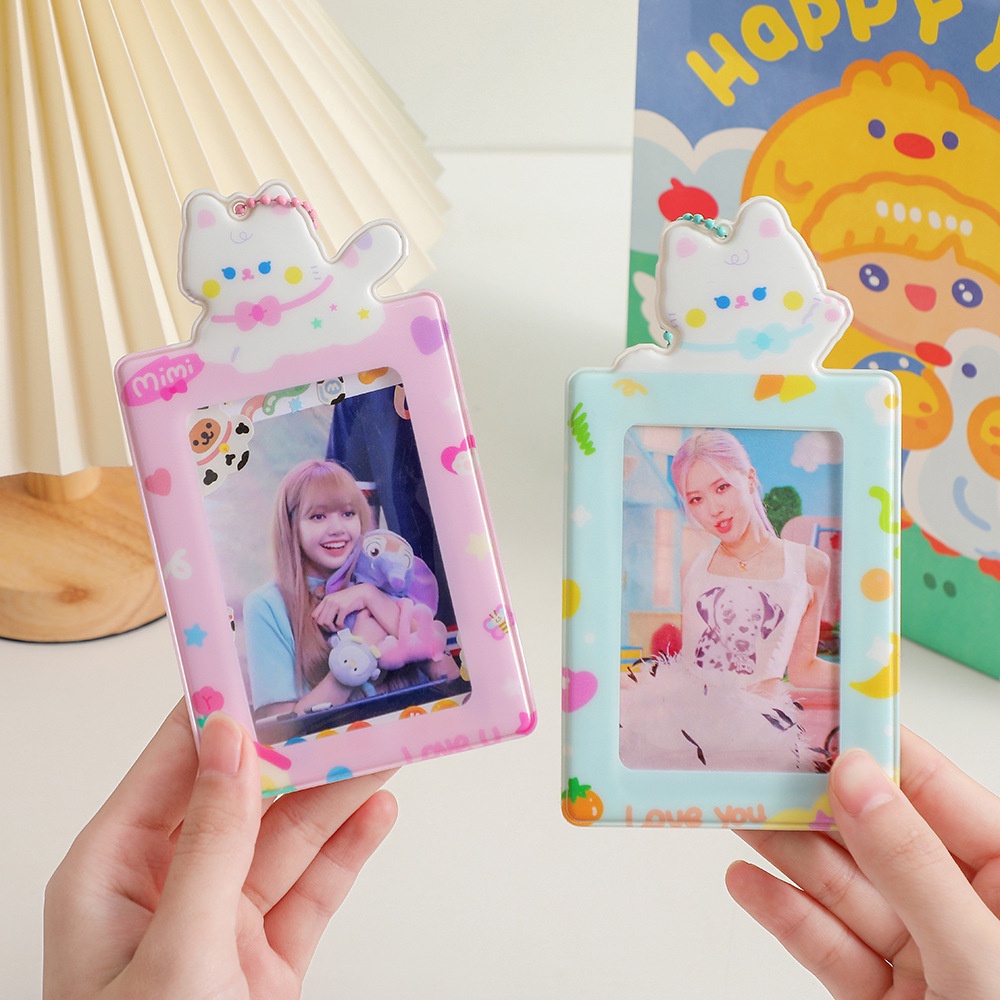 Ins Gantungan Kunci Holder Kartu ID / Foto Motif Kucing Dengan Rantai