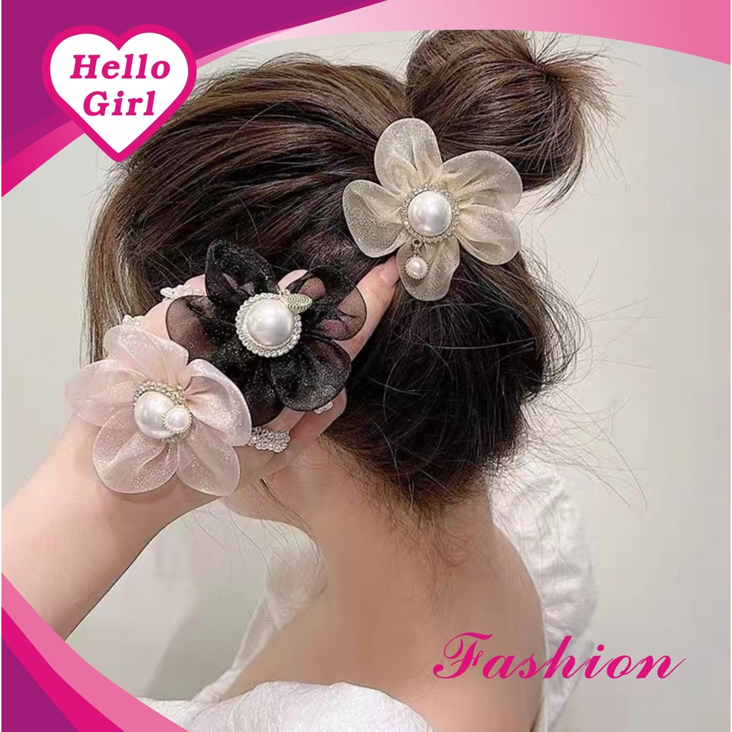 (Hello Girl)F127 Ikat Rambut Wanita Motif Bunga Mutiara Import