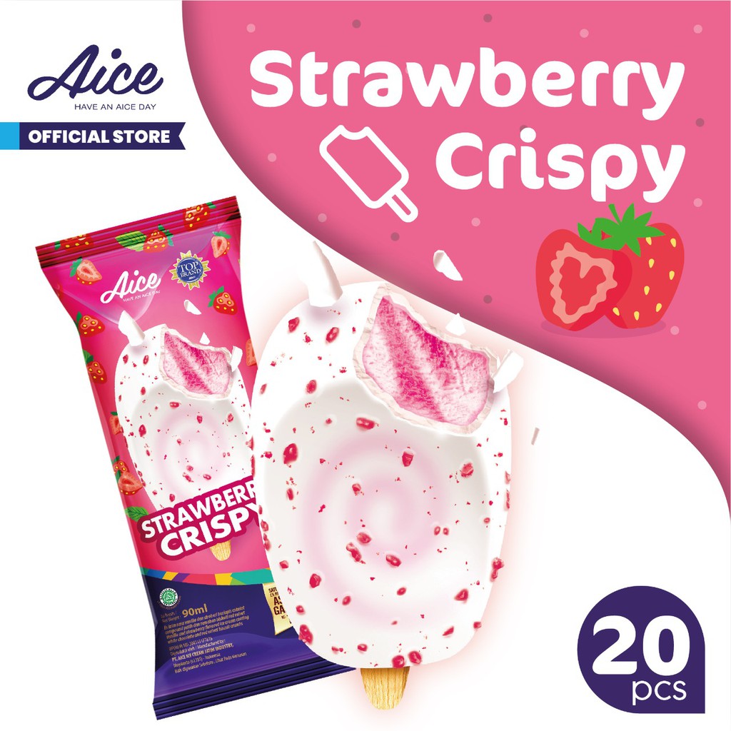 

Paket Aice Ice Cream Strawberry Crispy Es Krim (isi 20 pcs) Eskrim rasa Strawberry Crispy