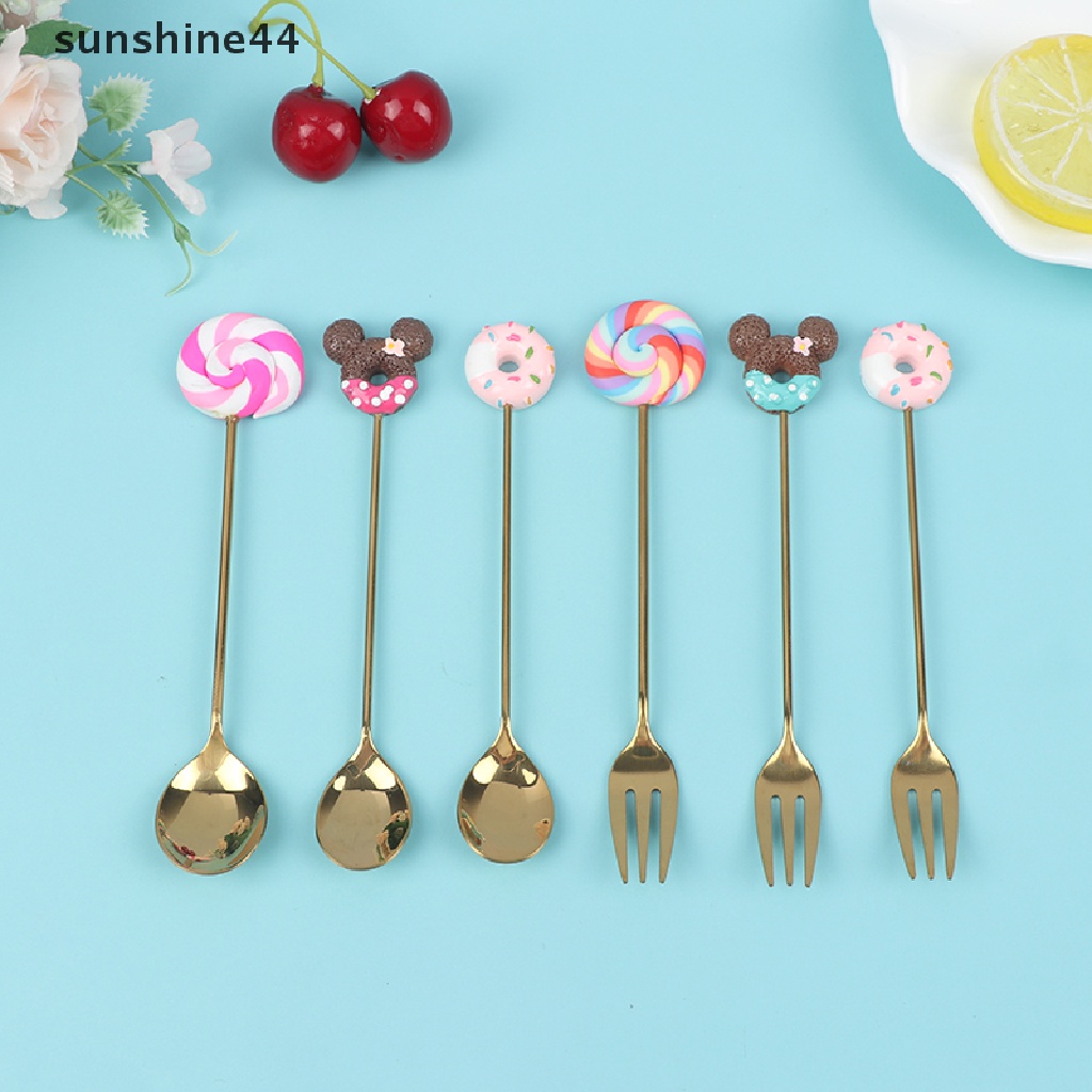 Sunshine 4pcs / set Sendok / Garpu Aduk Donat / Permen / Susu / Kopi Untuk Peralatan Dapur