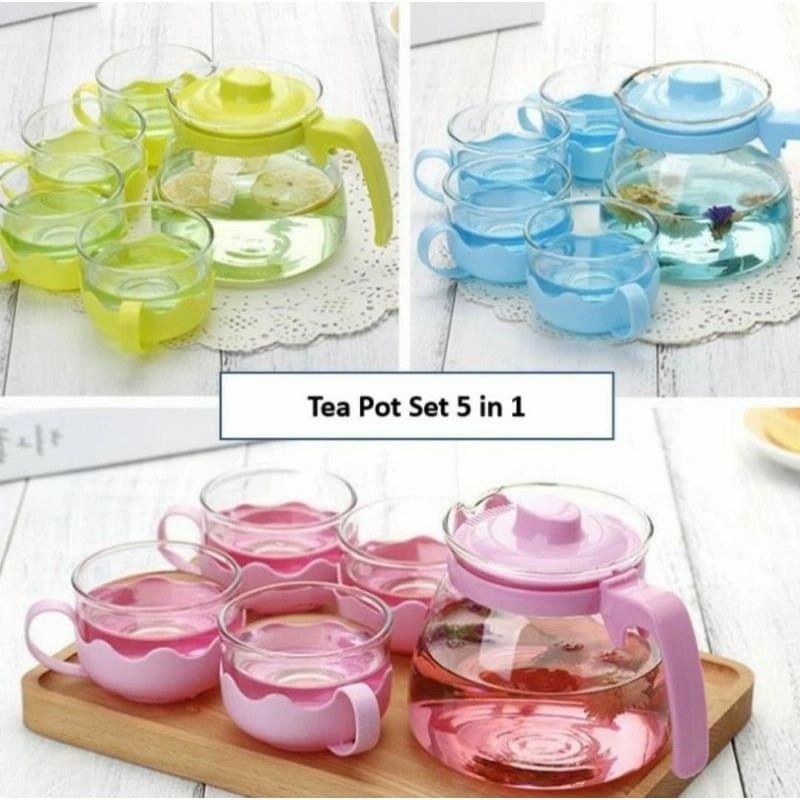 Tea Pot set 5 in 1 warna Gelas Kaca warna pink